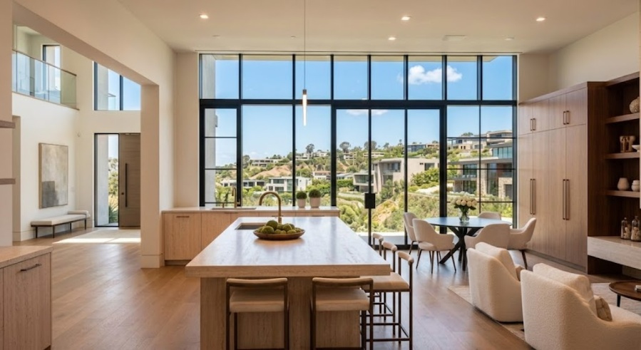 Kitchen, dining and view, all in one light-filled room.
