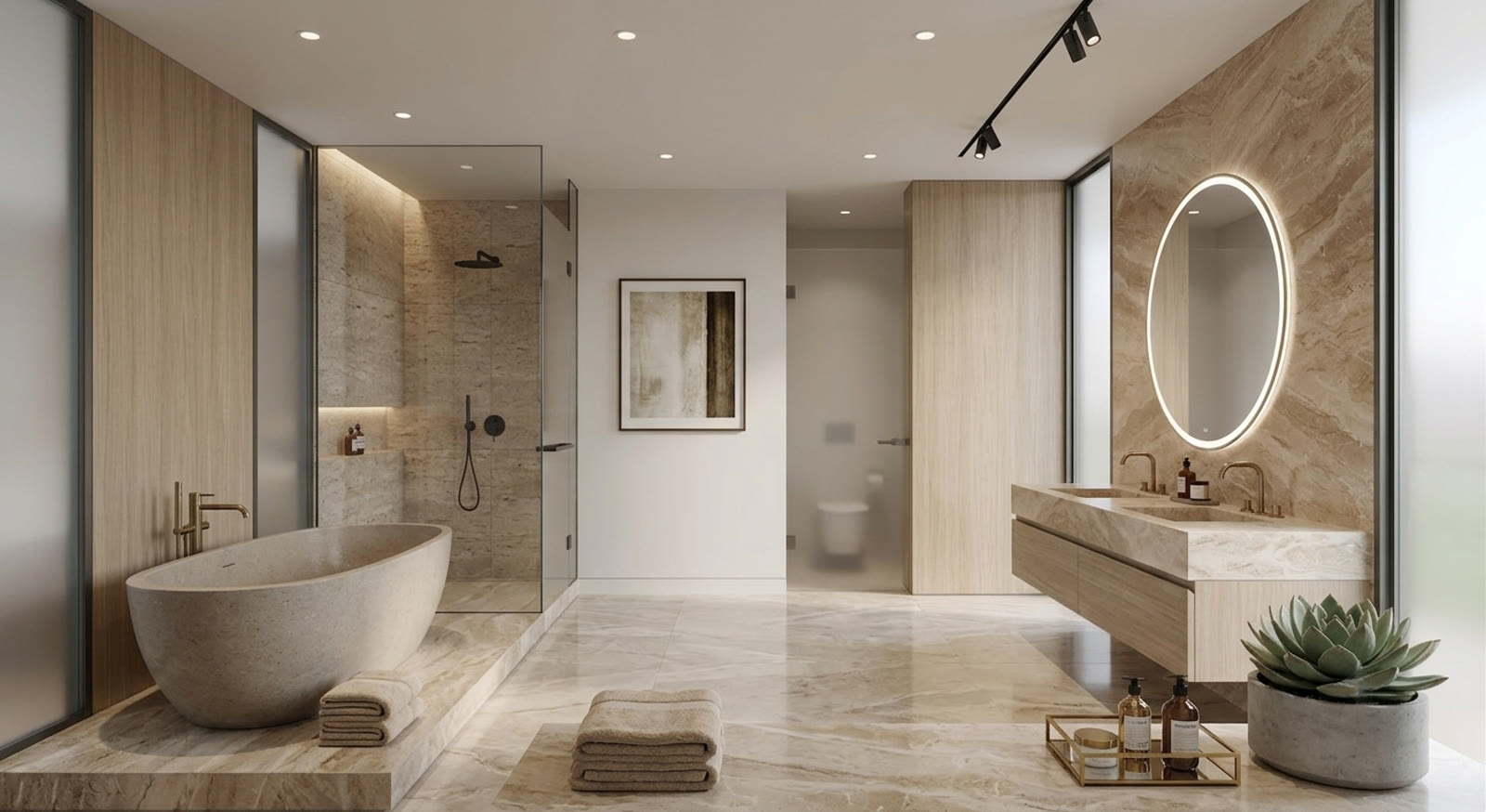 A warm, serene guest spa with a sculptural soaking tub.