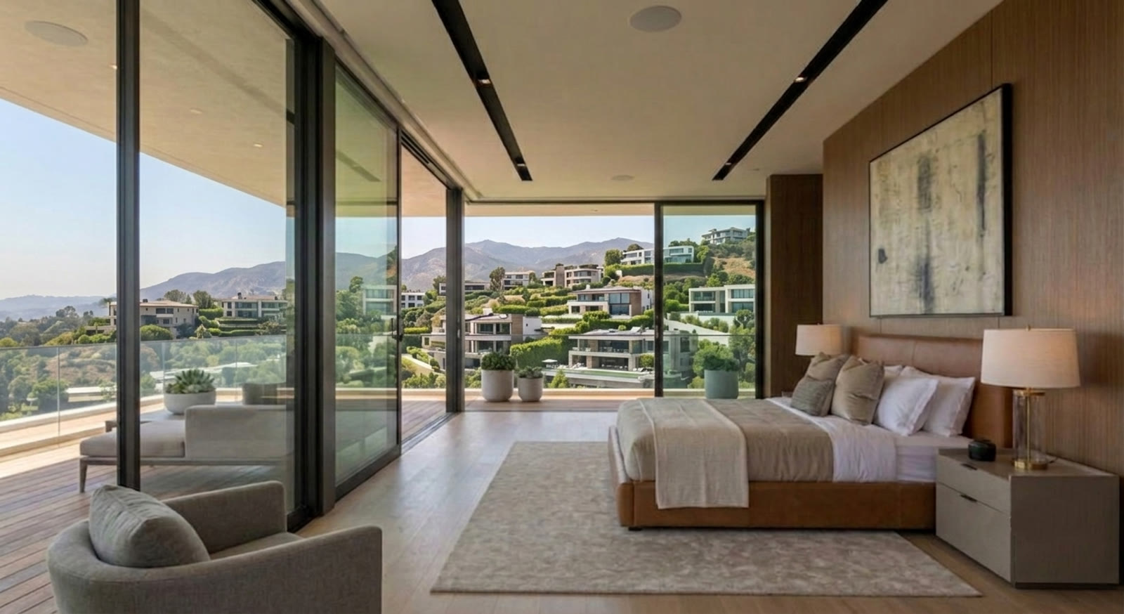 The primary suite, wrapped in glass and canyon views.
