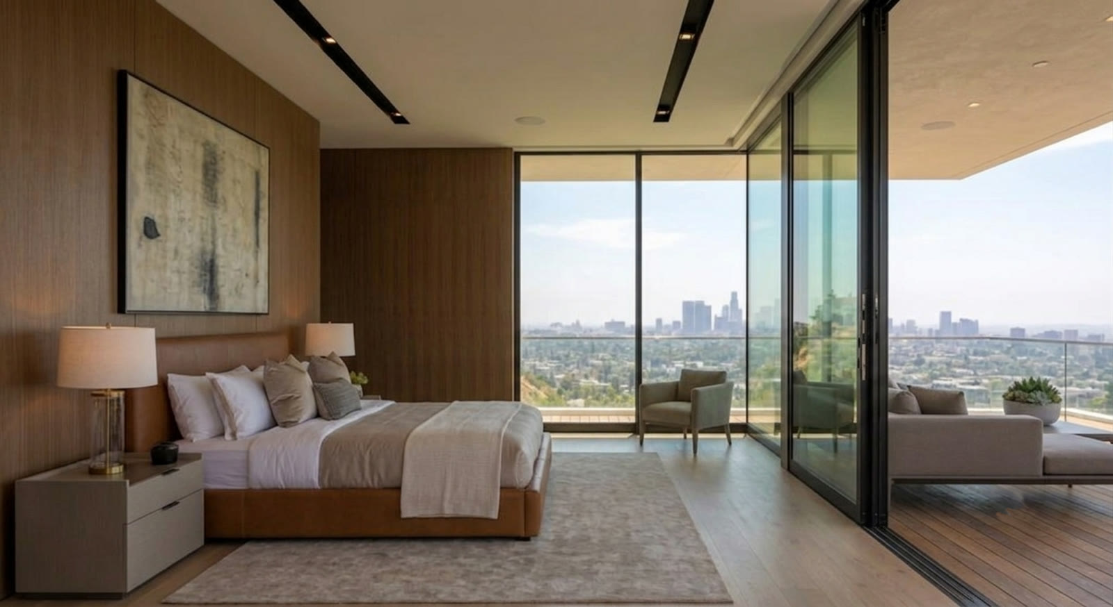 Warm walnut, soft light, and the city on the horizon.