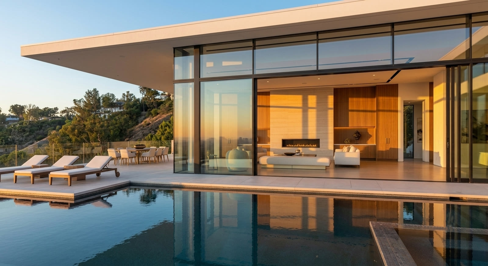 An infinity pool meets open-air living at golden hour.